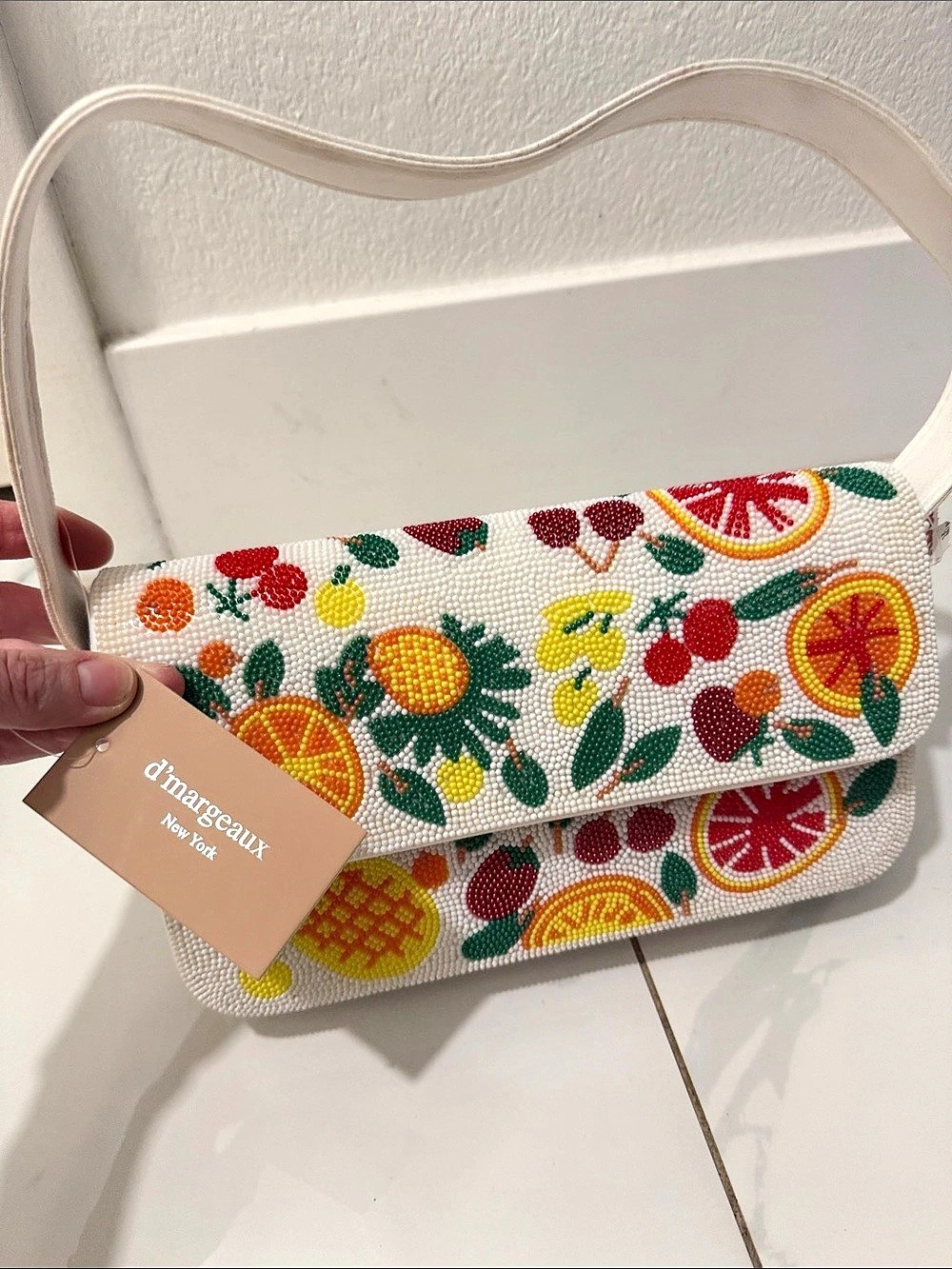 d'margeaux Beaded Fruit Shoulder Bag White & Multicolor
